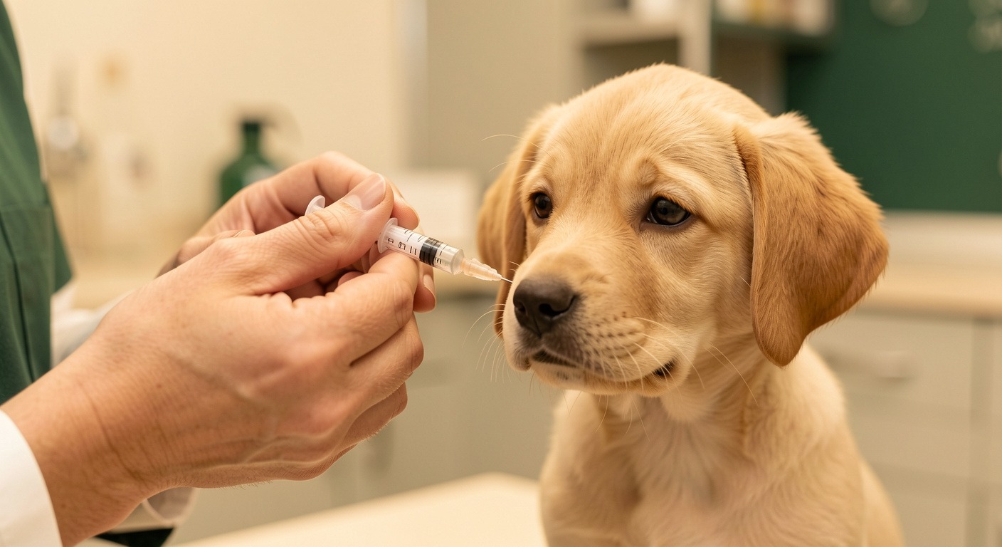 Dog Vaccination Schedule by Age: What Your Puppy and Adult Dog Need and When 2 Veterinarian hands administering vaccine to calm puppy