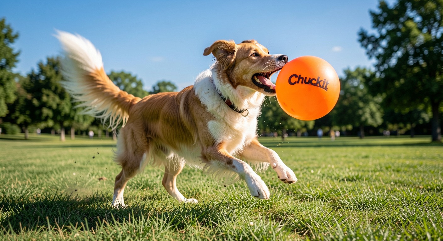 Dog playing fetch with a bright orange Chuckit ball in a grassy park on a sunny day