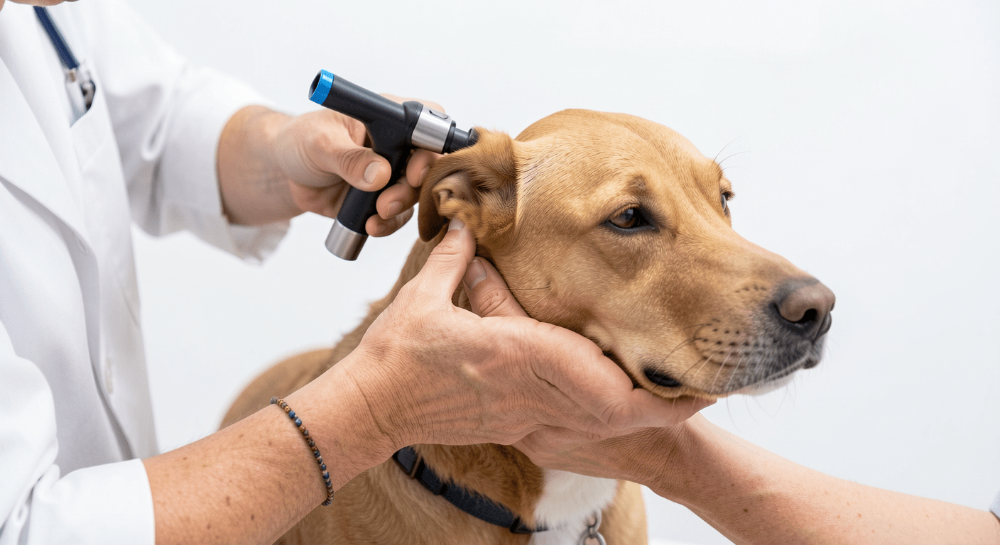 Dog Ear Infections: Symptoms, Causes, Treatment & Vet Warning Signs 2 Veterinarian using otoscope to examine dog's ear in clean clinic setting