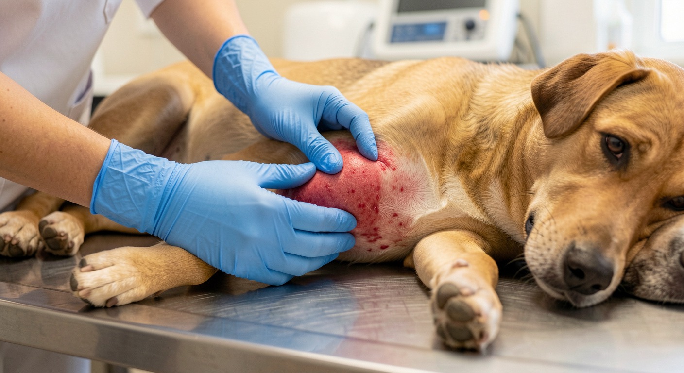 Dog Allergies: Symptoms, Causes, and How to Help Your Dog Find Relief 2 Veterinarian examining dog's irritated skin on examination table