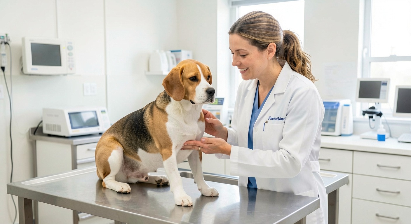 Dog Vomiting: Causes, Color Guide & When to Call the Vet 3 Veterinarian gently examining a dog on an exam table