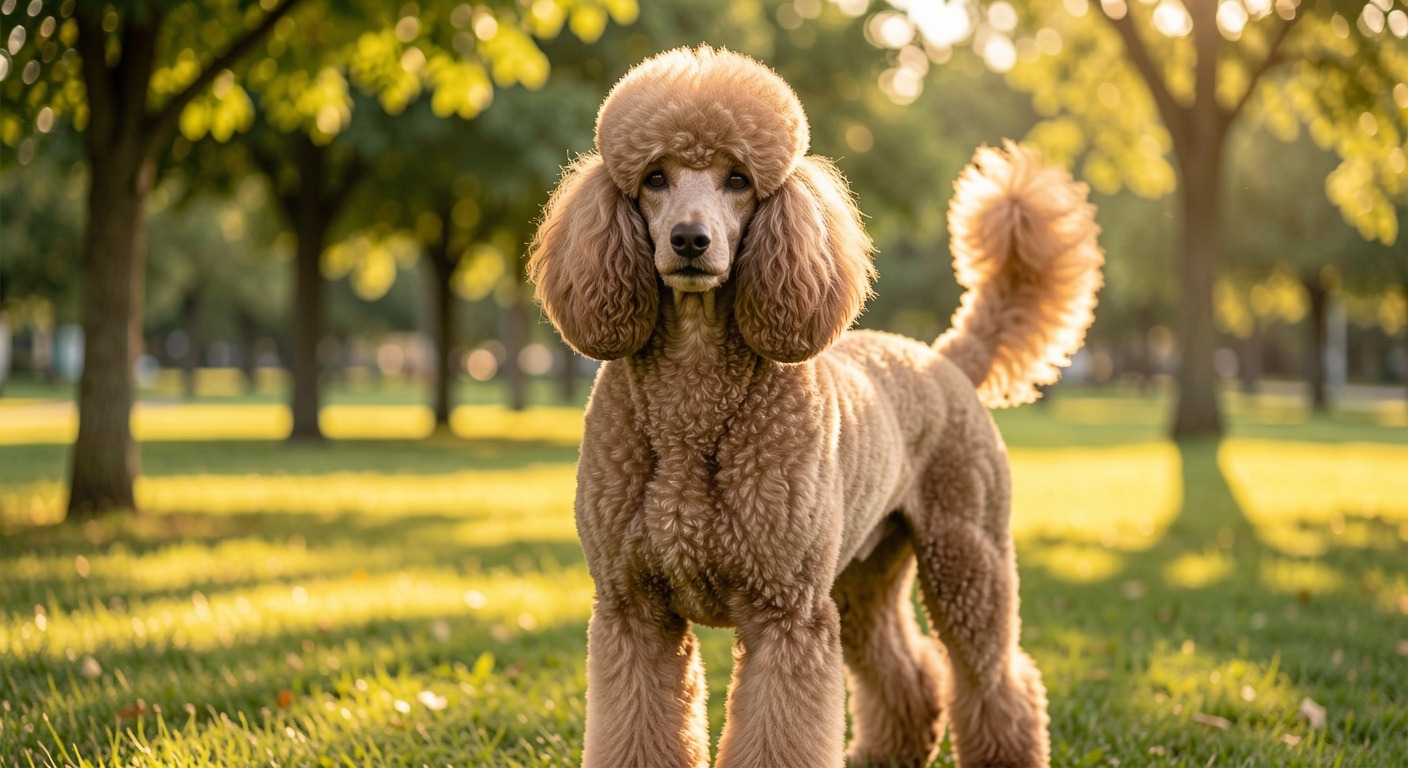 Poodle Guide: Sizes, Temperament, Grooming, and Complete Care 2 Standard Poodle standing calmly in a sunny park