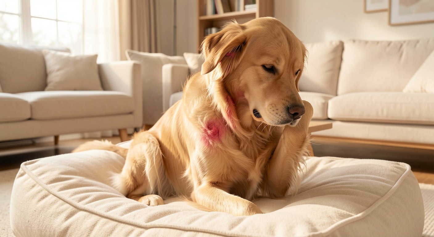 Golden retriever with irritated skin showing allergy symptoms