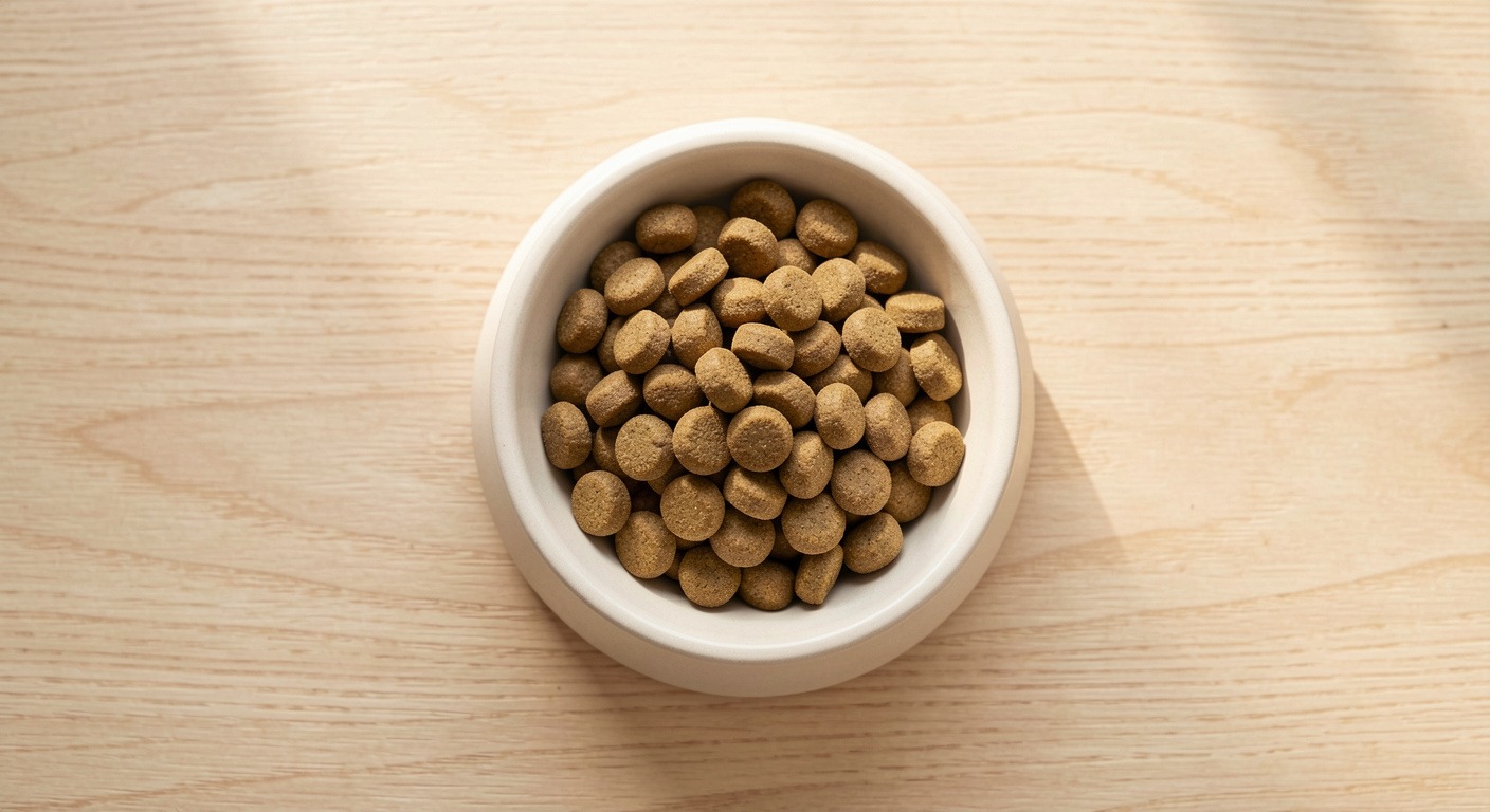 Dog food for sensitive stomach in ceramic bowl on wooden table with natural light