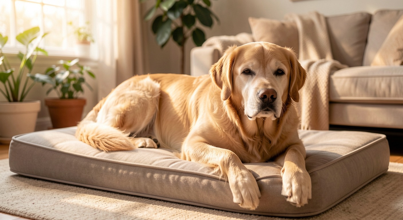 Senior golden retriever resting on orthopedic dog bed, joint care