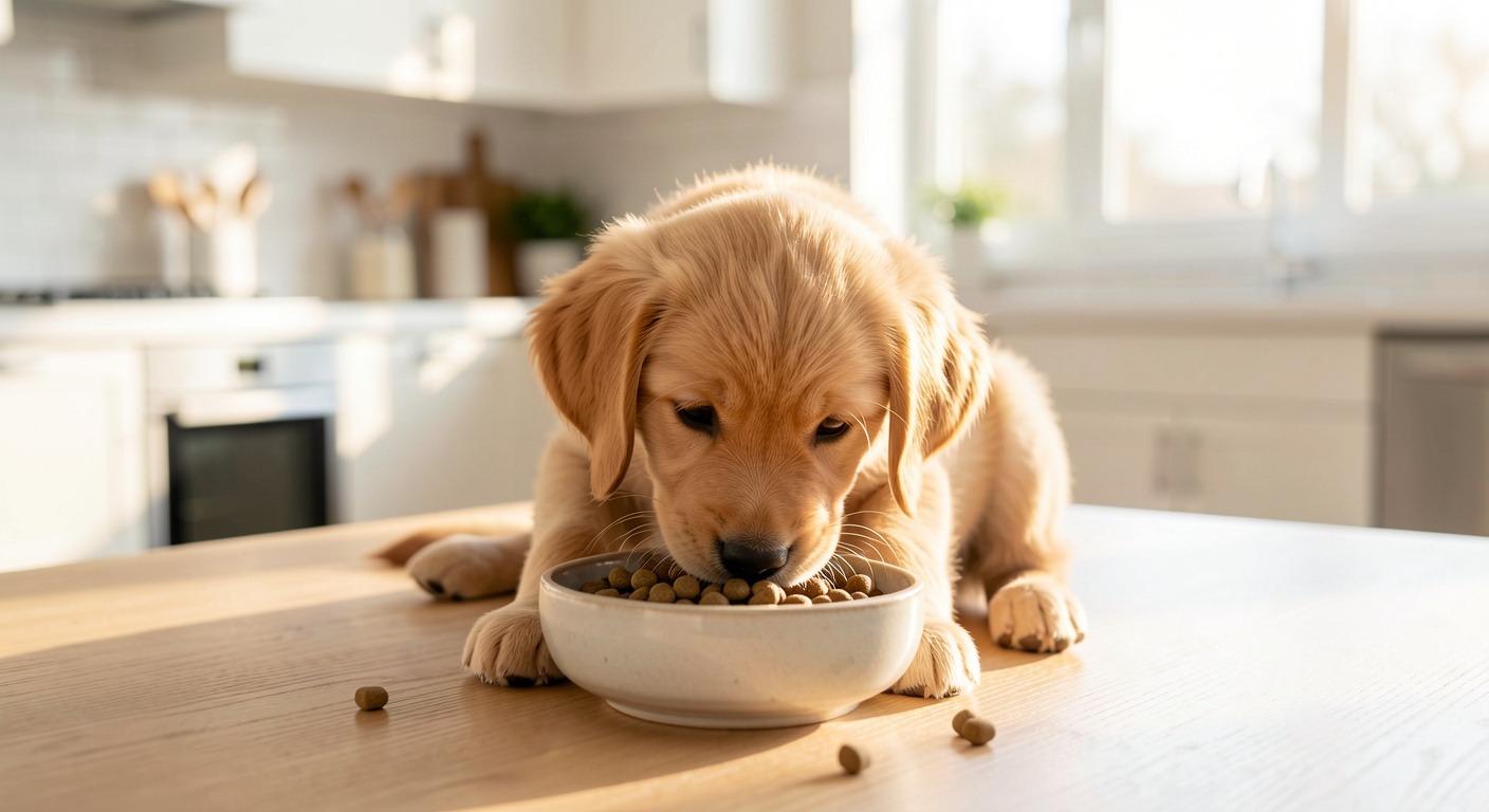 Adorable golden retriever puppy eating kibble from a ceramic bowl