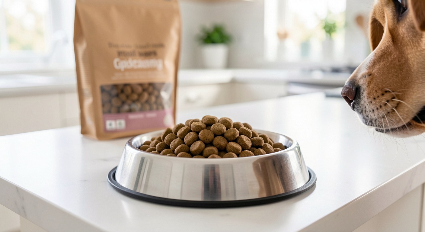 Dog food bowl with kibble, learning to read pet food labels