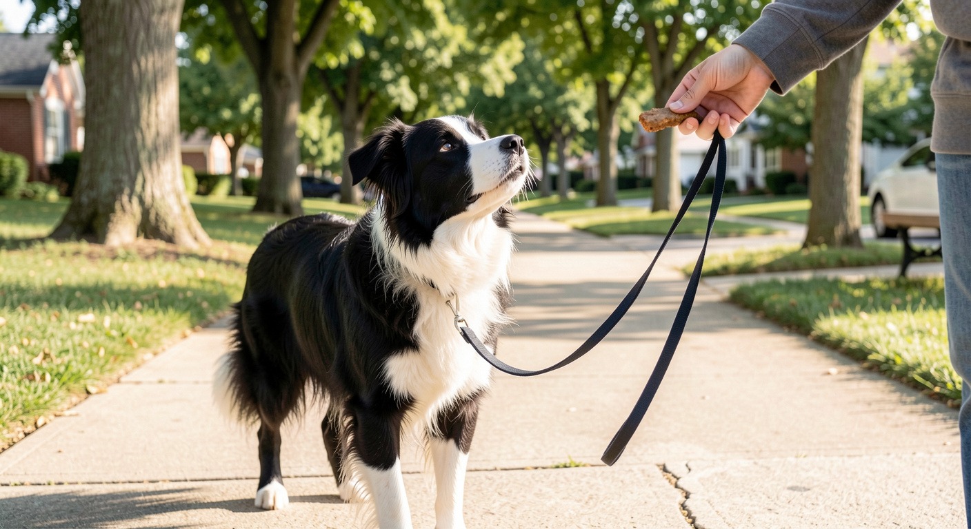 How to Leash Train a Dog That Pulls: A Positive, No-Yank Guide 2 Handler rewarding border collie with treat during loose-leash walking training