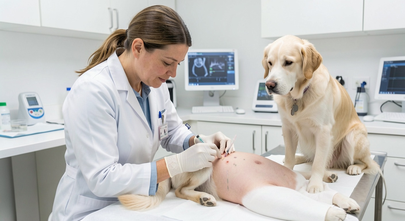 Veterinarian performing allergy skin testing on a dog using intradermal injections