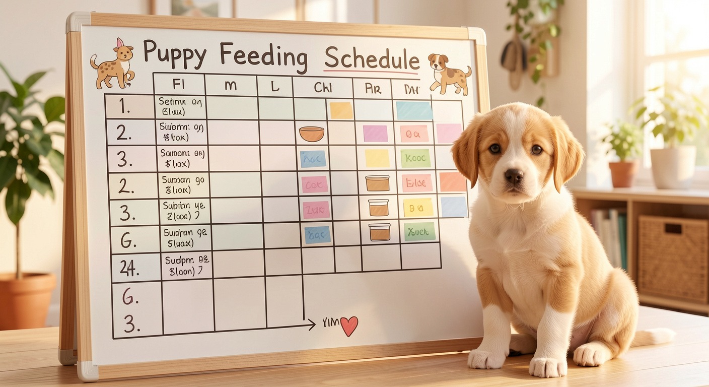 Cute puppy next to a feeding schedule chart on whiteboard