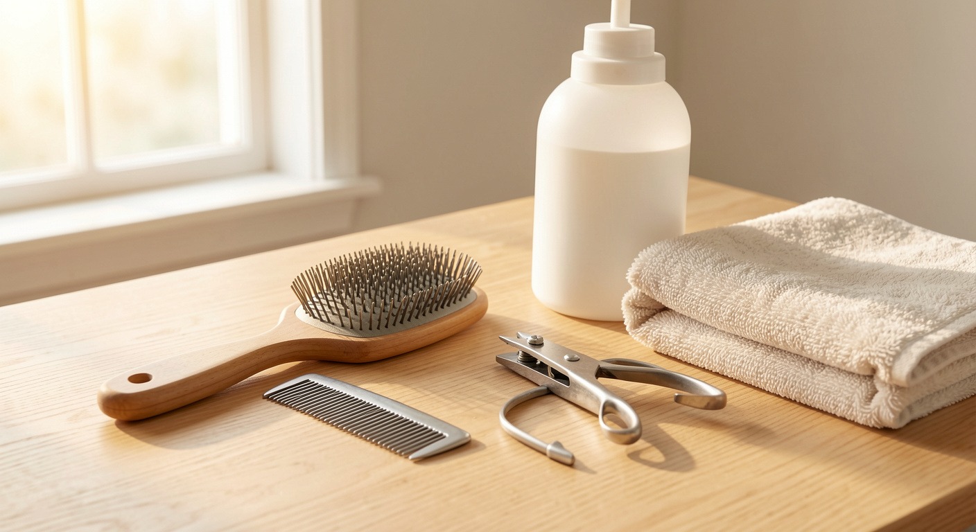 Best dog grooming tools arranged on wooden table: slicker brush, metal comb, nail clippers, shampoo, towel
