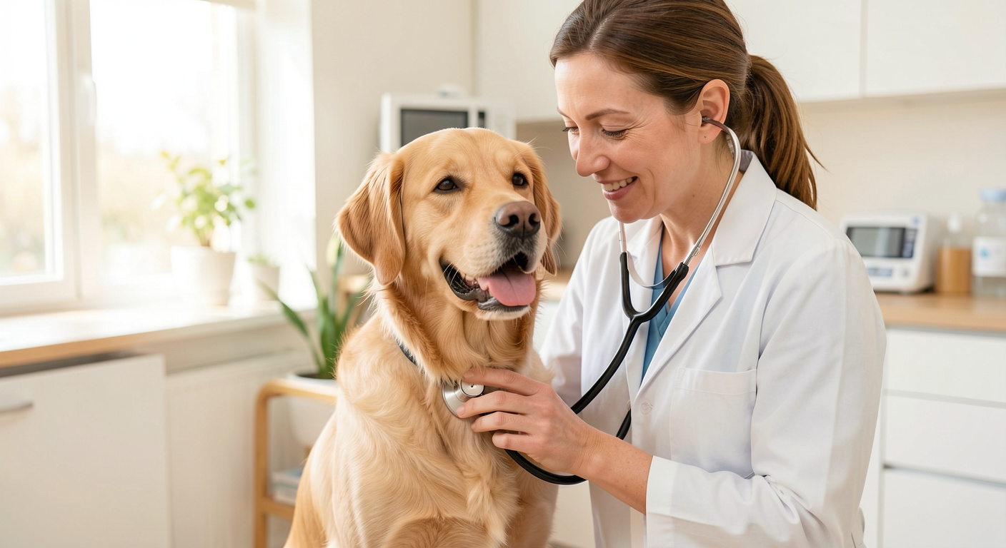 Veterinarian examining a happy golden retriever with stethoscope in bright clinic — dog health and preventive care