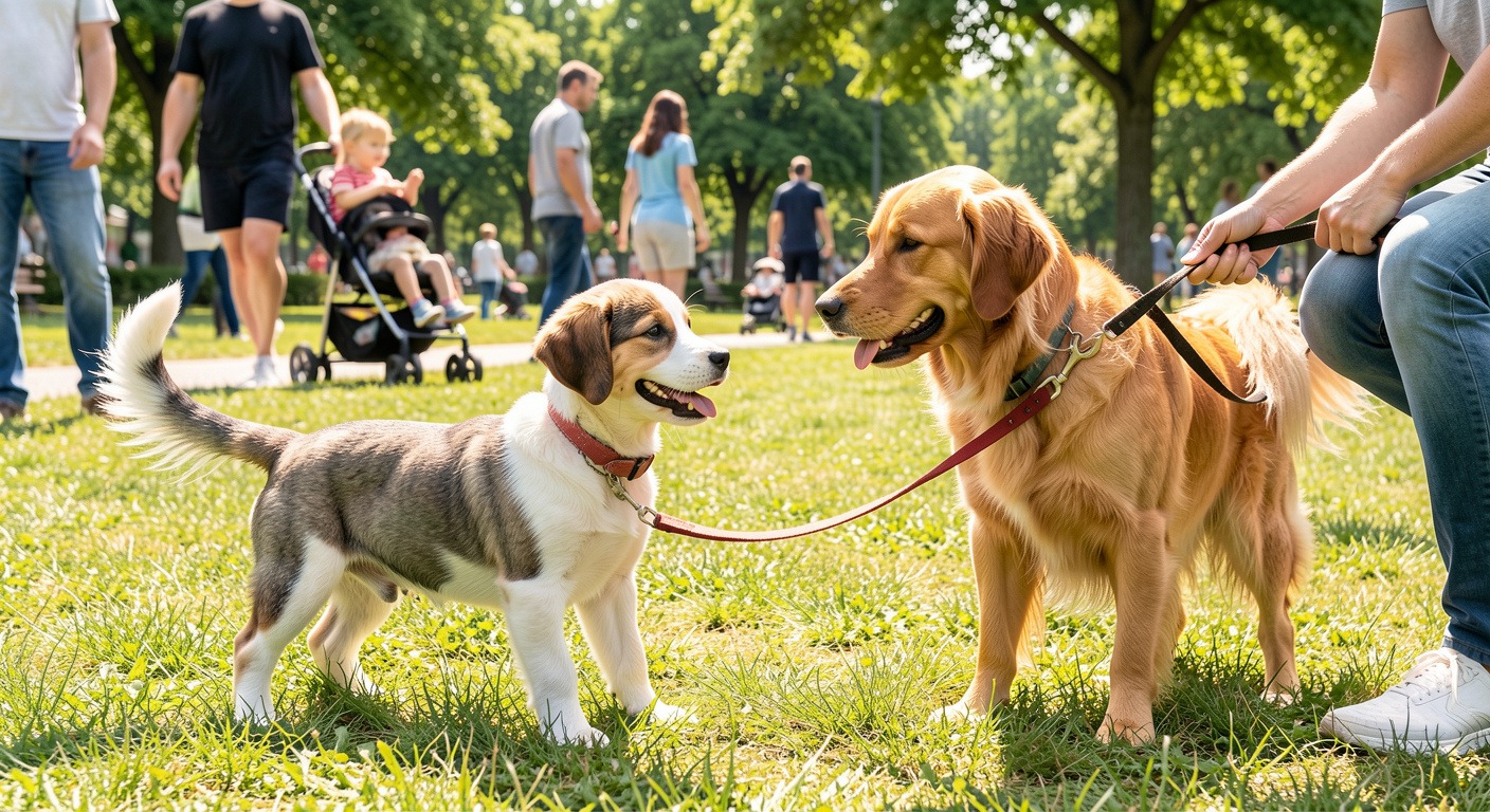 Smiling mixed-breed puppy meeting friendly adult dog in sunny park during positive socialization experience