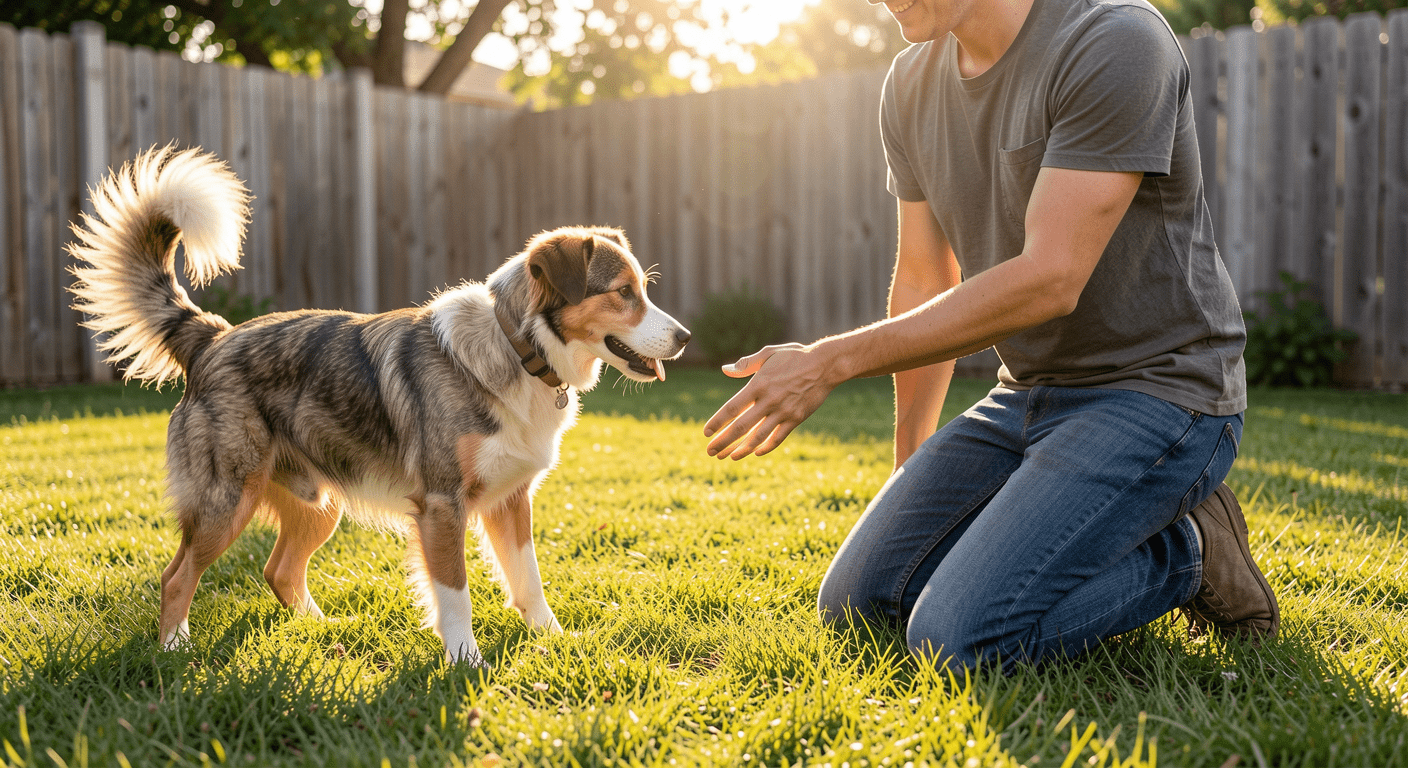 First 30 Days with a Rescue Dog: A Week-by-Week Settling-In Guide 3 Person kneeling in backyard with hand extended as rescue dog approaches trustingly