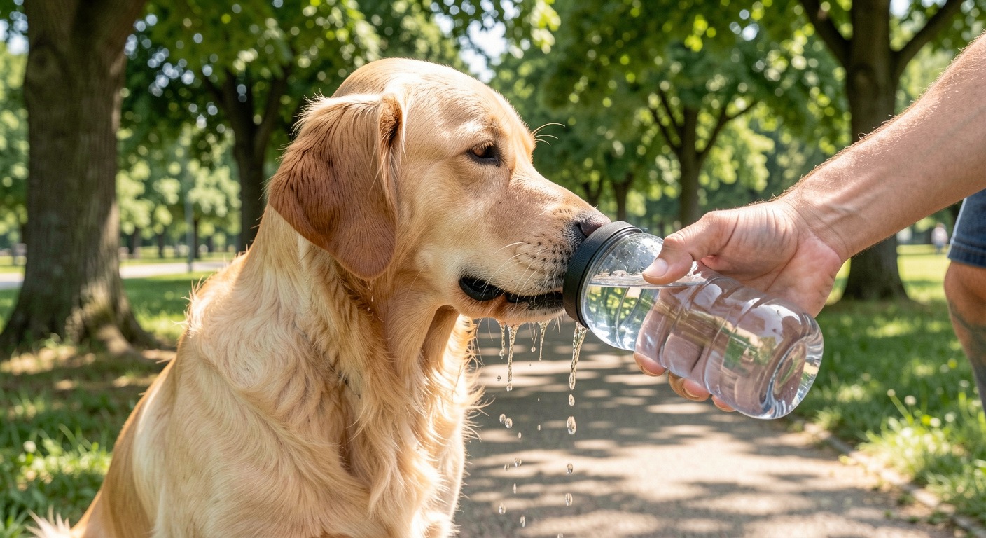 Summer Dog Safety Guide: 8 Tips to Keep Your Pup Cool, Happy & Healthy 4 Dog drinking fresh water from portable bottle during summer walk