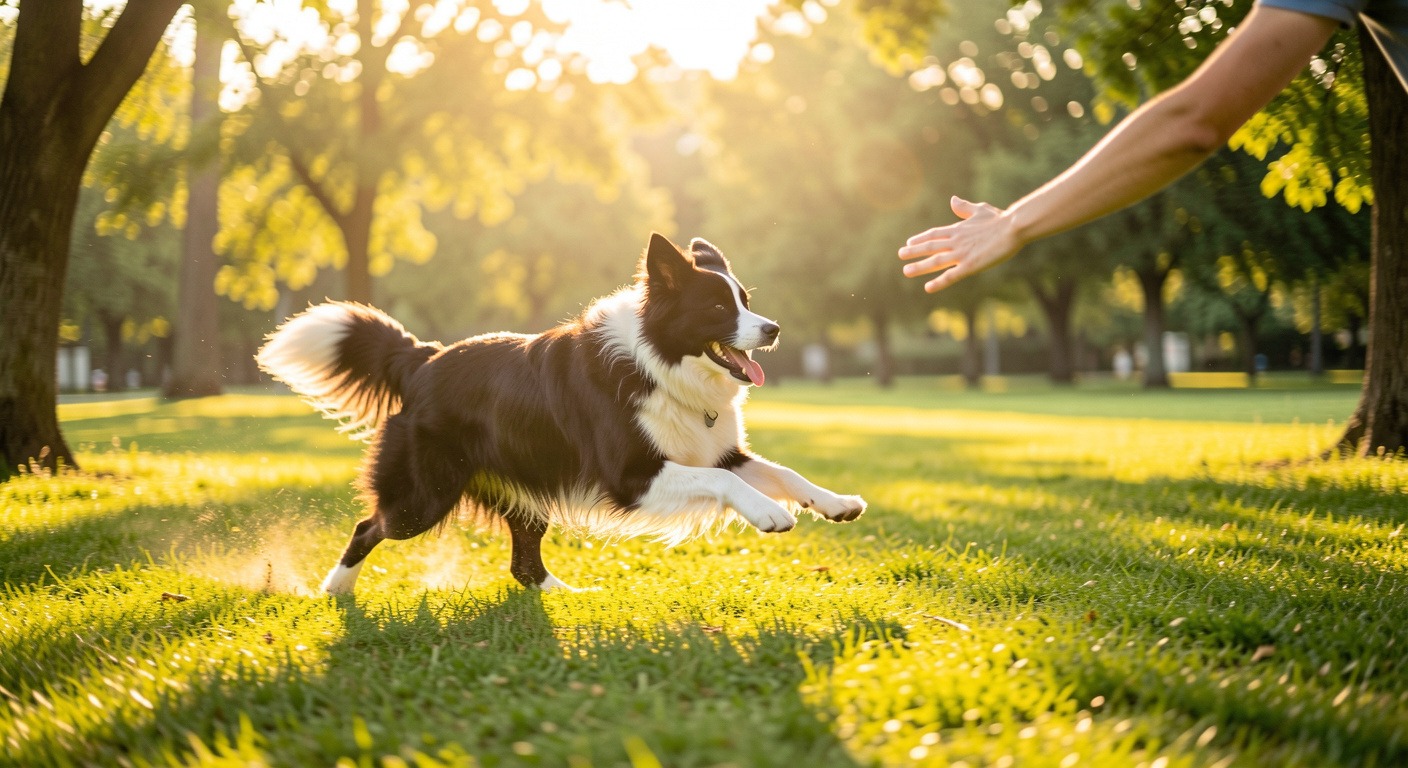 Happy border collie sprinting joyfully toward owner with arms outstretched in a sunny green park demonstrating reliable recall training