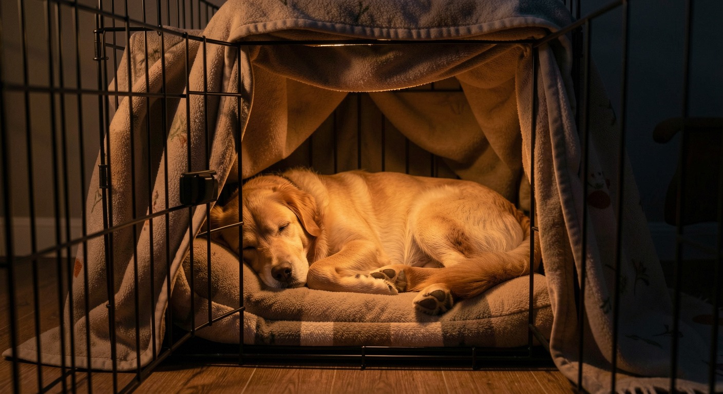 Puppy Crate Training: A Positive Step-by-Step Guide for New Dog Owners 4 Dog sleeping peacefully in crate at night