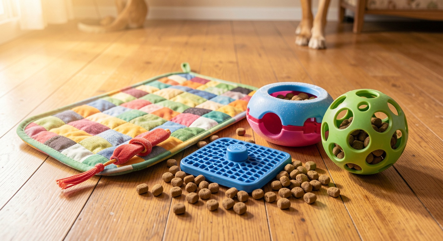 Dog enrichment toys including snuffle mat, frozen Kong, lickimat, and puzzle ball on wooden floor