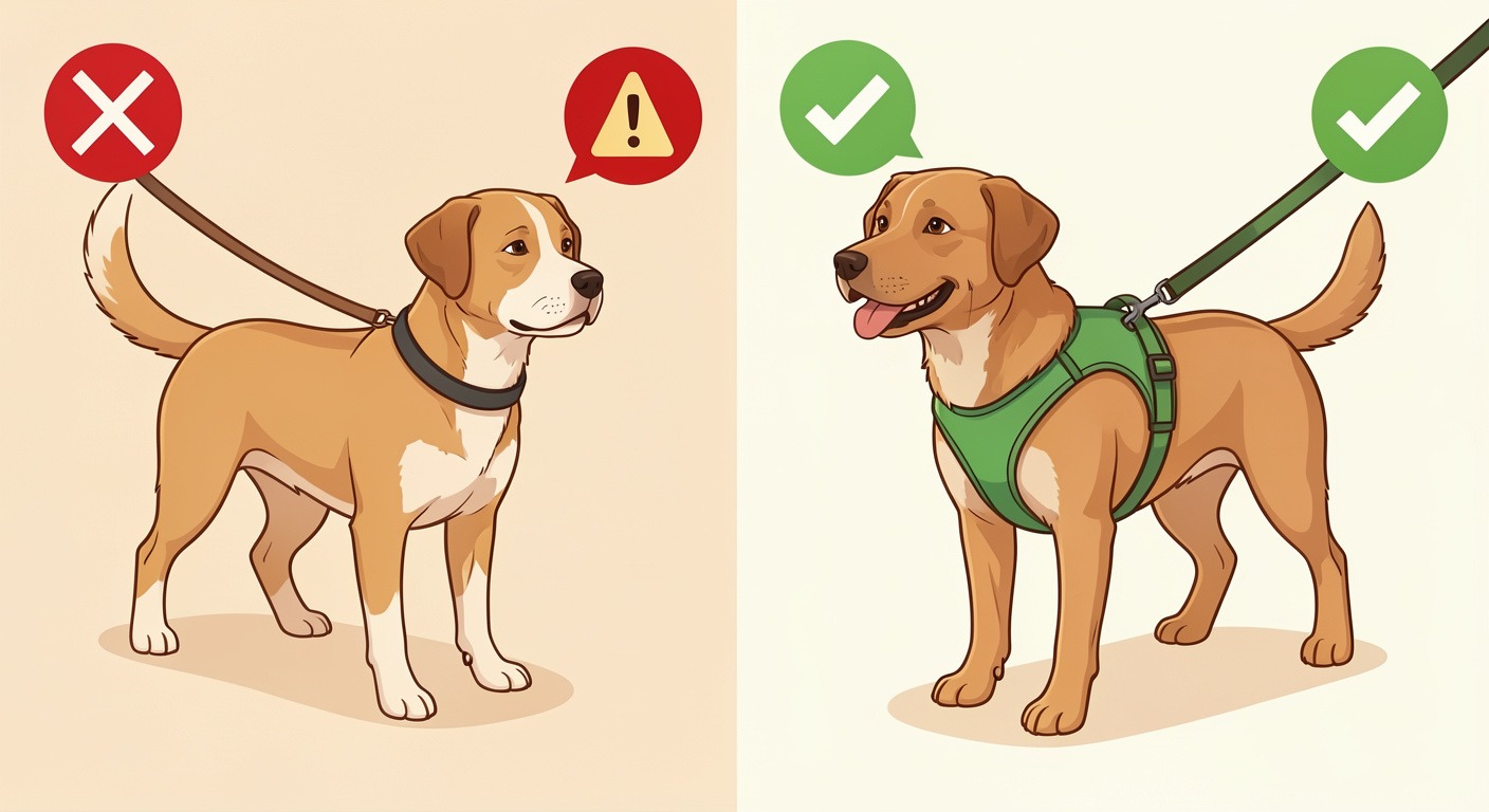 Dog Harness vs Collar: Which Is Safer for Walks? 2 Side-by-side comparison: dog on collar with caution indicator versus dog on harness with checkmark, harness is safer for walks