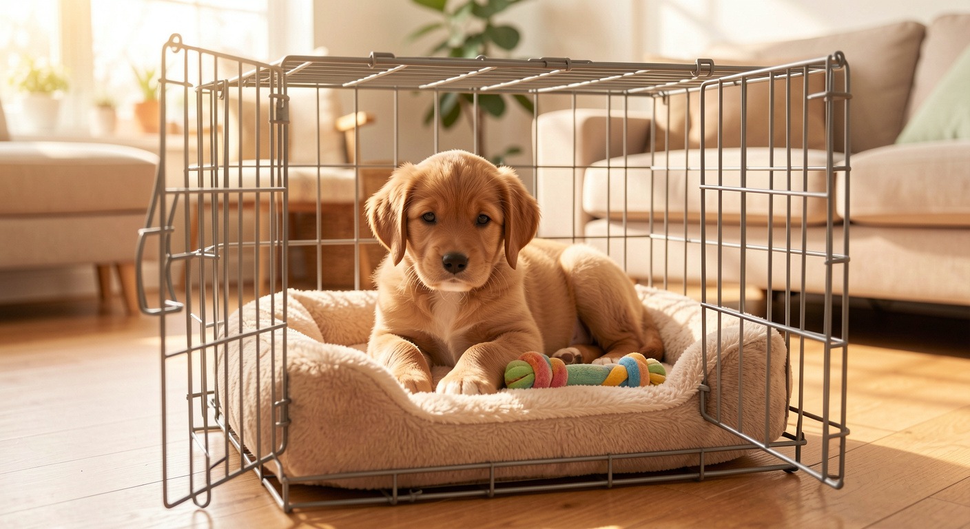 Puppy resting calmly inside cozy crate with soft bed and toy