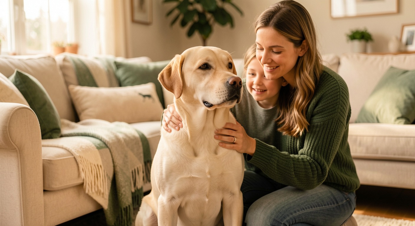 Labrador Retriever: Complete Breed Guide — Temperament, Health, and Care 3 Labrador Retriever sitting calmly with family in a living room