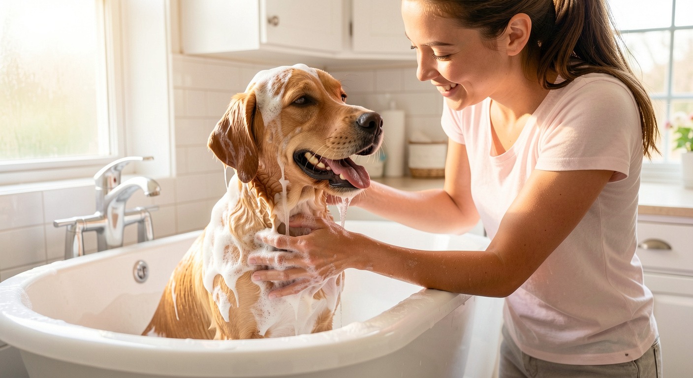 Happy dog being bathed with hypoallergenic shampoo by owner for allergy relief