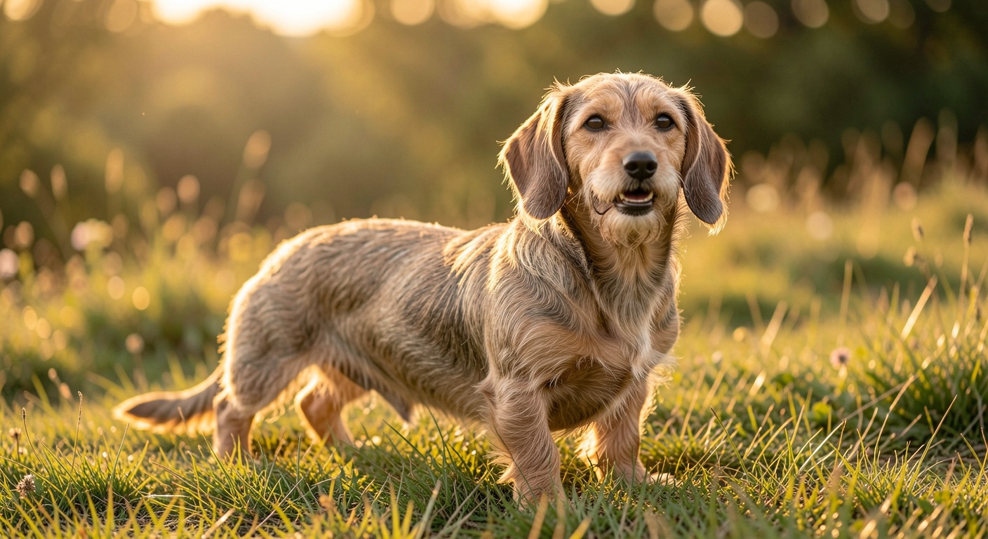 Adult dachshund standing on grassy hill in golden hour light