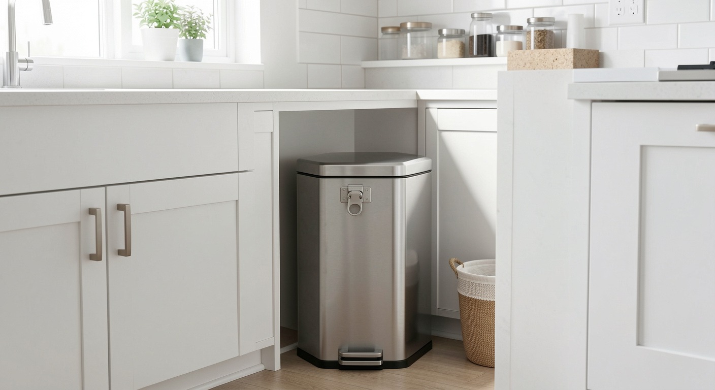 Secure locking stainless steel trash can in modern kitchen with childproof cabinet latches visible