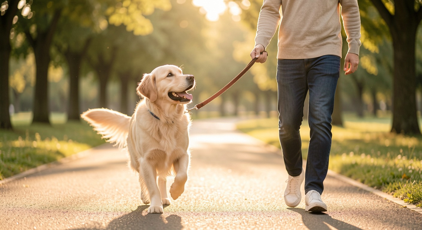 Cost of Owning a Dog in 2026: The Real Numbers from Adoption to Annual Expenses 5 Dog walking on leash with owner in sunlit park pathway