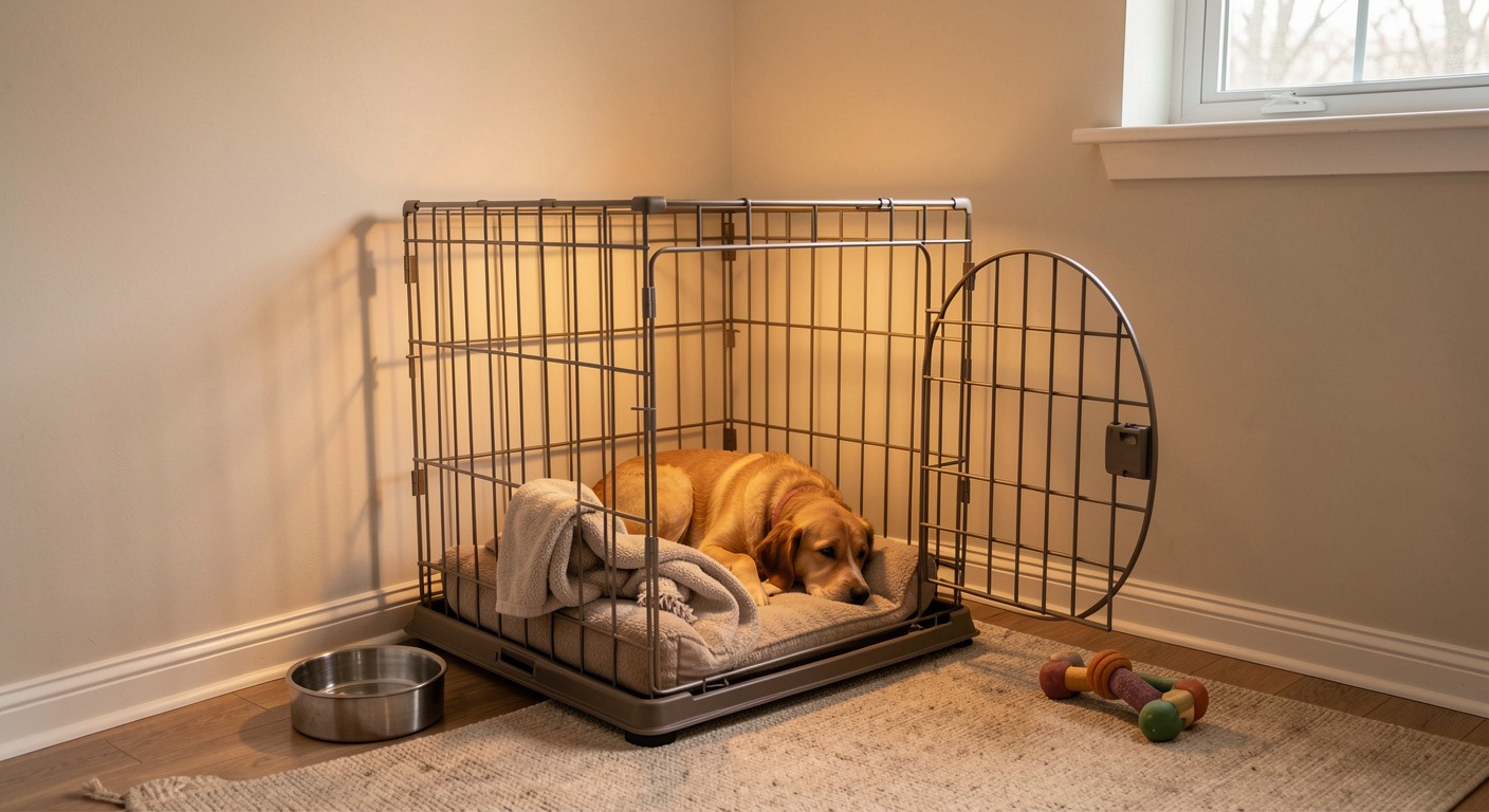 Cozy dog crate setup with open door, soft blanket, water bowl, and chew toy in quiet corner