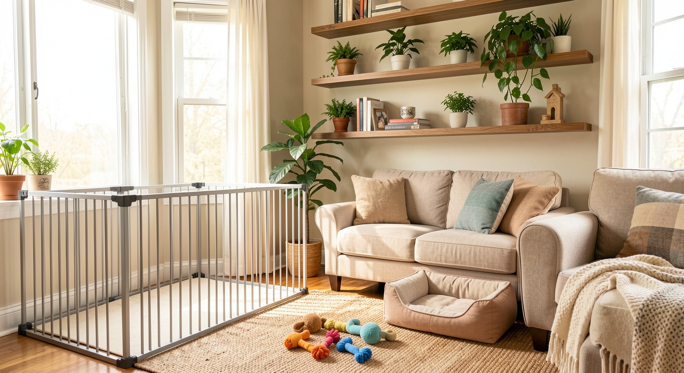 Dog-safe living room with baby gate, exercise pen, dog bed, chew toys, and toxic plants moved to high shelves