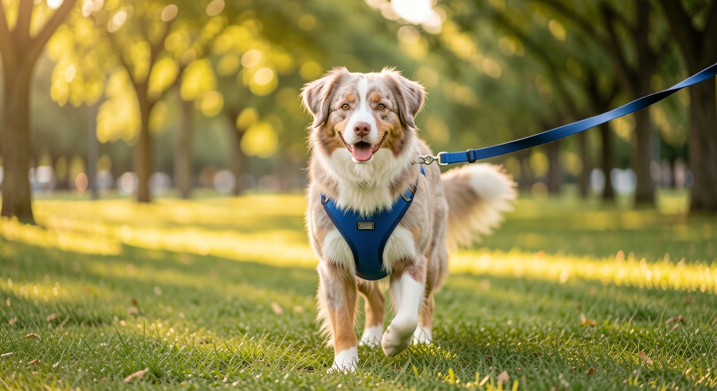 Happy Australian Shepherd wearing a blue harness walking calmly on leash in a sunny park