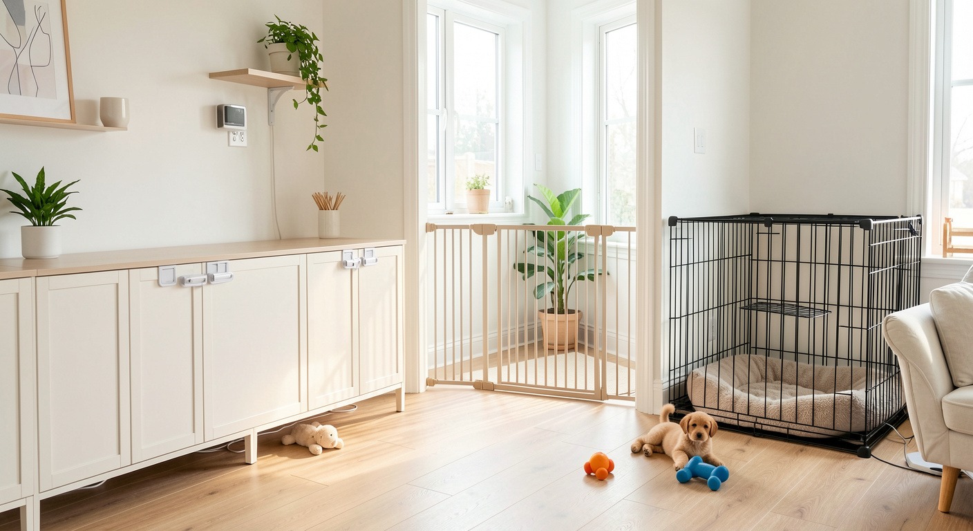 Clean modern living room dog-proofed with baby gate, cord organizers, cabinet latches, crate, and puppy toys