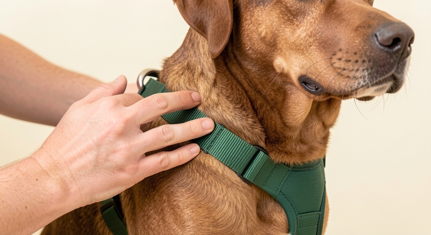 Dog Harness vs Collar: Which Is Safer for Walks? 4 Hand demonstrating the two-finger harness fit test on a dog, proper strap tightness ensures comfort and safety