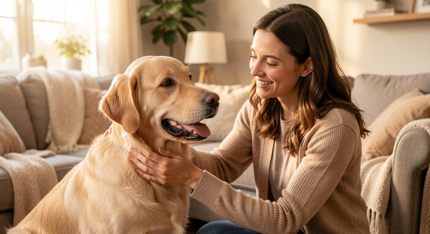 Caring dog owner petting a happy golden retriever at home in warm natural light