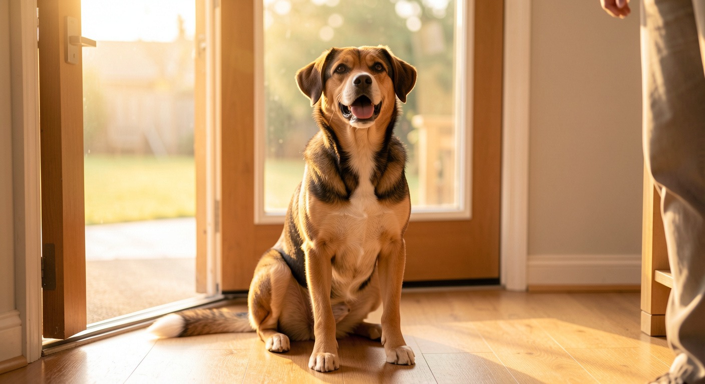 Dog sitting calmly with four paws on floor, polite greeting training