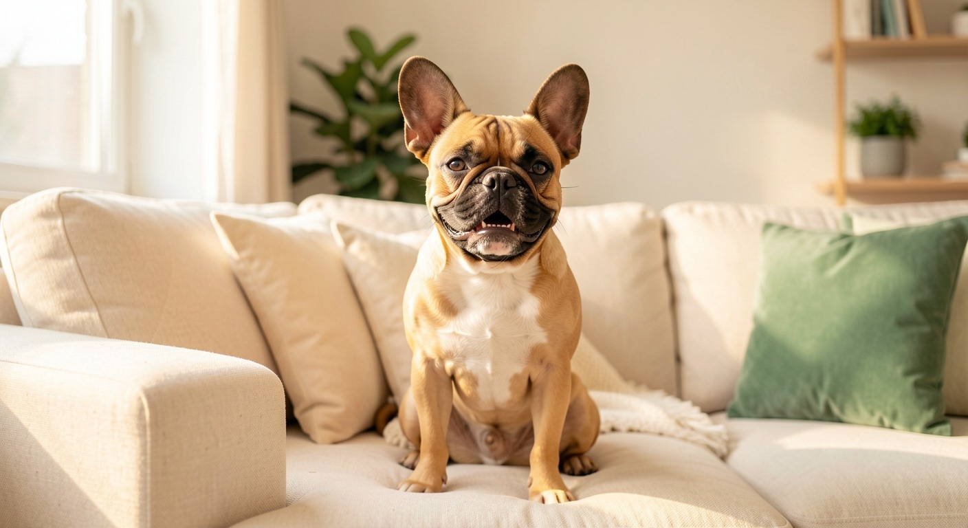 Happy French Bulldog with bat ears sitting on a cozy sofa in a bright modern apartment