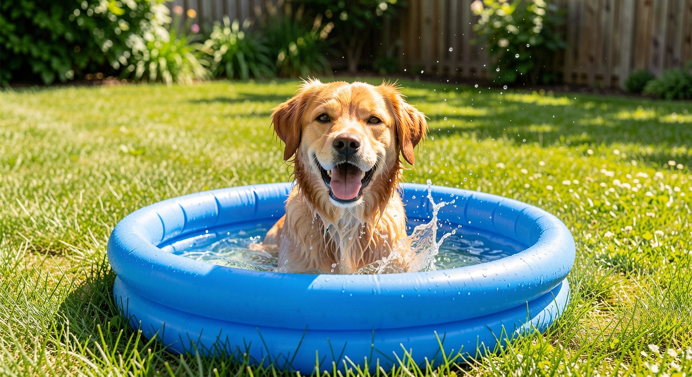 Summer Dog Safety Guide: 8 Tips to Keep Your Pup Cool, Happy & Healthy 5 Happy dog cooling off in blue inflatable pool on hot summer day