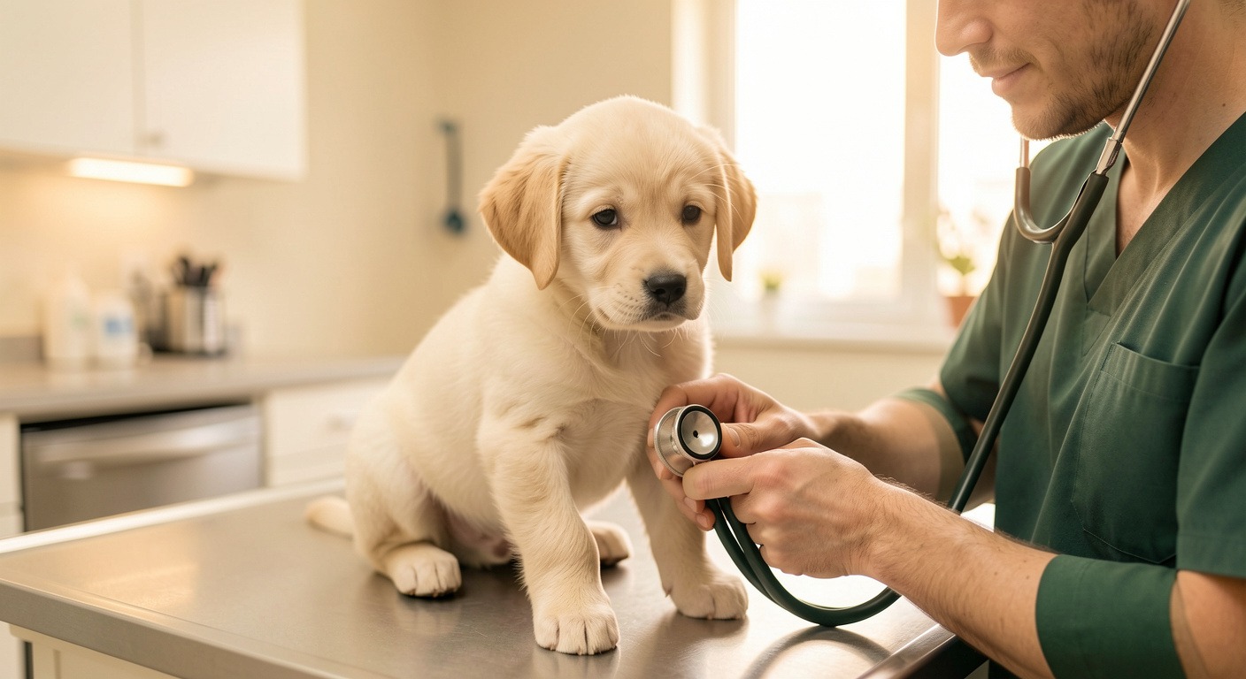 Veterinarian examining healthy puppy on exam table