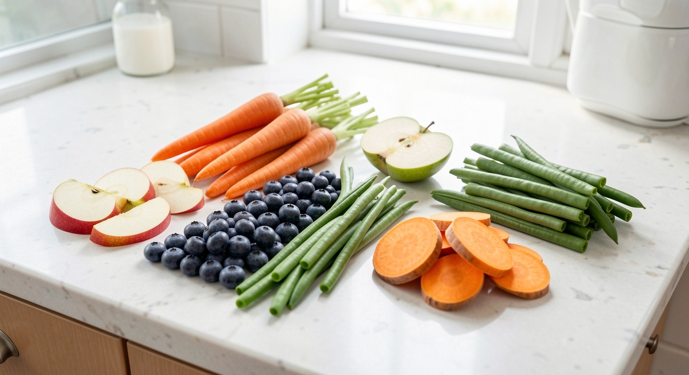 What Can Dogs Eat? The Ultimate Safety Guide to 25+ Common Foods 3 Infographic-style display of safe fruits and vegetables for dogs on a kitchen counter