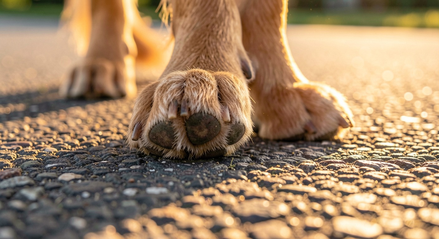 Summer Dog Safety Guide: 8 Tips to Keep Your Pup Cool, Happy & Healthy 2 Close-up of dog paw on hot asphalt pavement showing heat danger