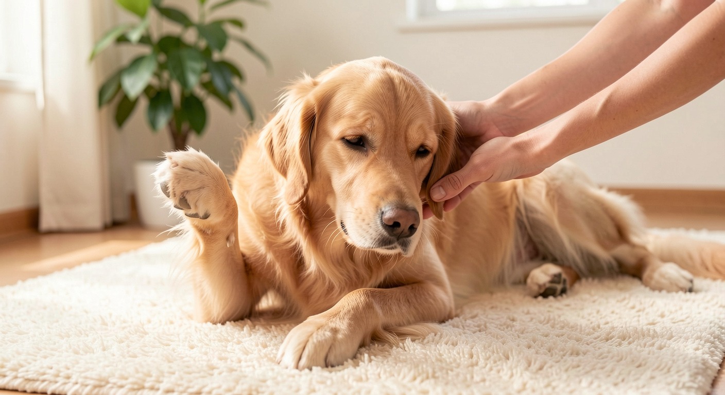 Golden retriever lying on a rug with a caring hand checking its skin for allergy symptoms
