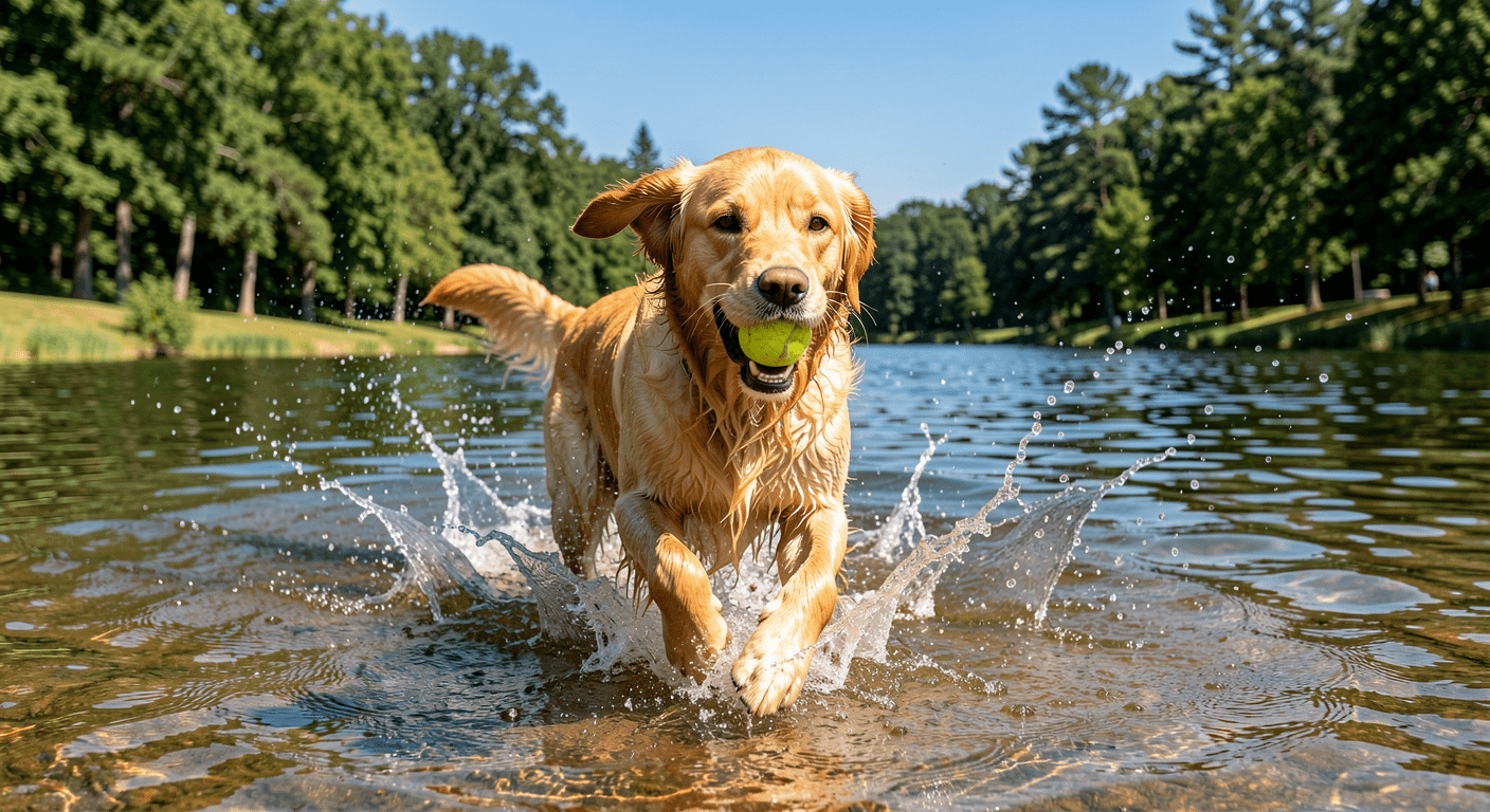 Golden Retriever Breed Guide: Temperament, Health, and Complete Care 3 Golden Retriever joyfully splashing through lake water with tennis ball in mouth, water rippling around chest