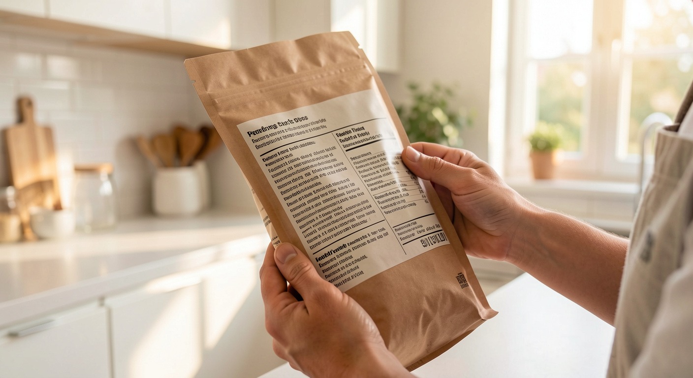 Best Dog Food for Sensitive Stomachs: Ingredients & Vet Tips 3 Dog owner inspecting dog food ingredient label in bright kitchen