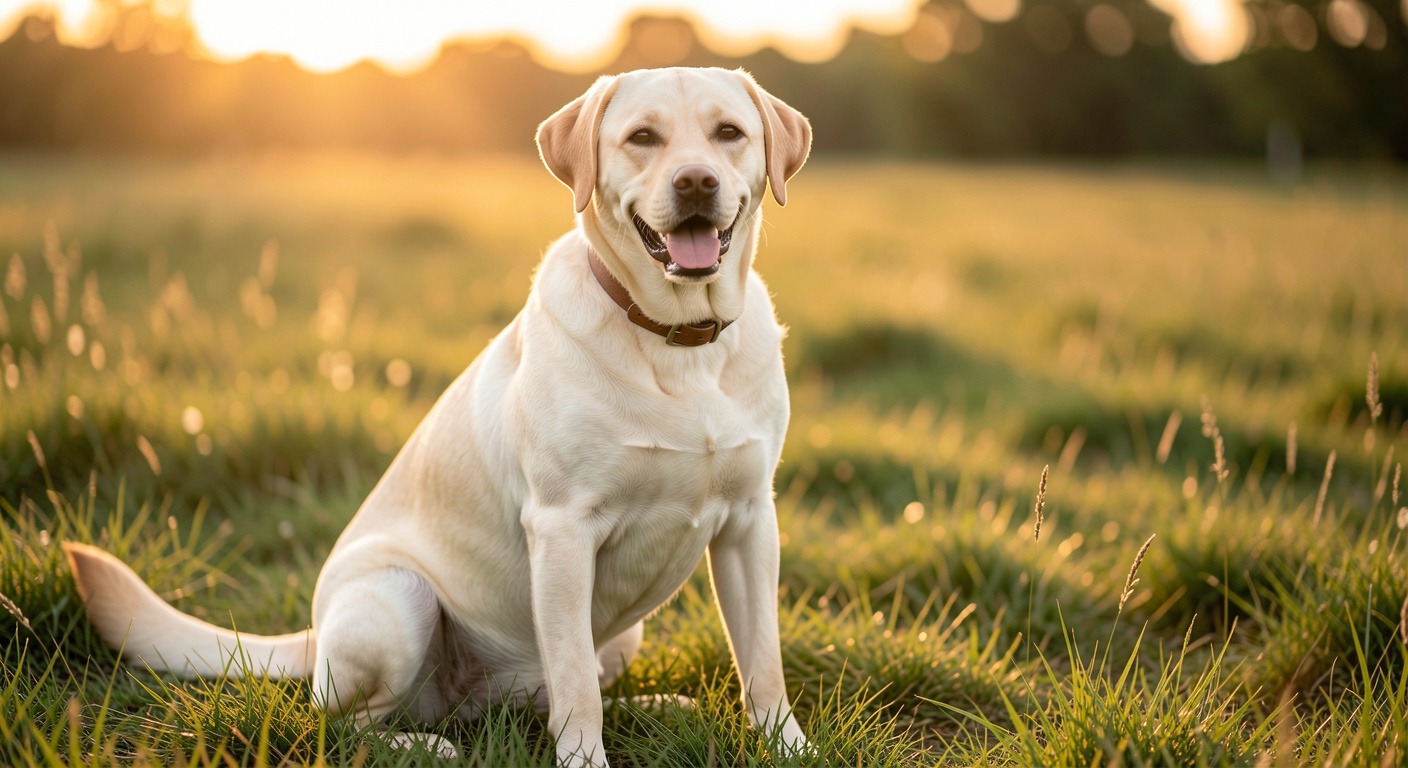 Yellow Labrador sitting in field at golden hour
