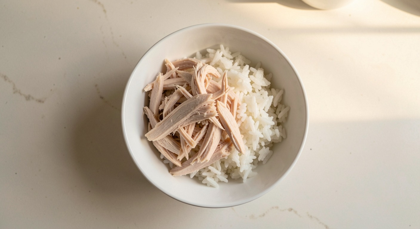 Dog Vomiting: Causes, Color Guide & When to Call the Vet 4 Bowl of plain boiled chicken and white rice for a bland diet to settle a dog's upset stomach