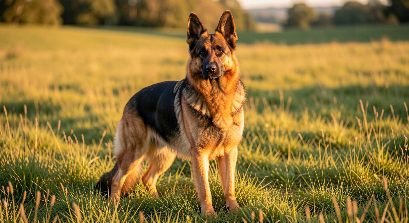 Majestic German Shepherd standing alert and confident in grassy field