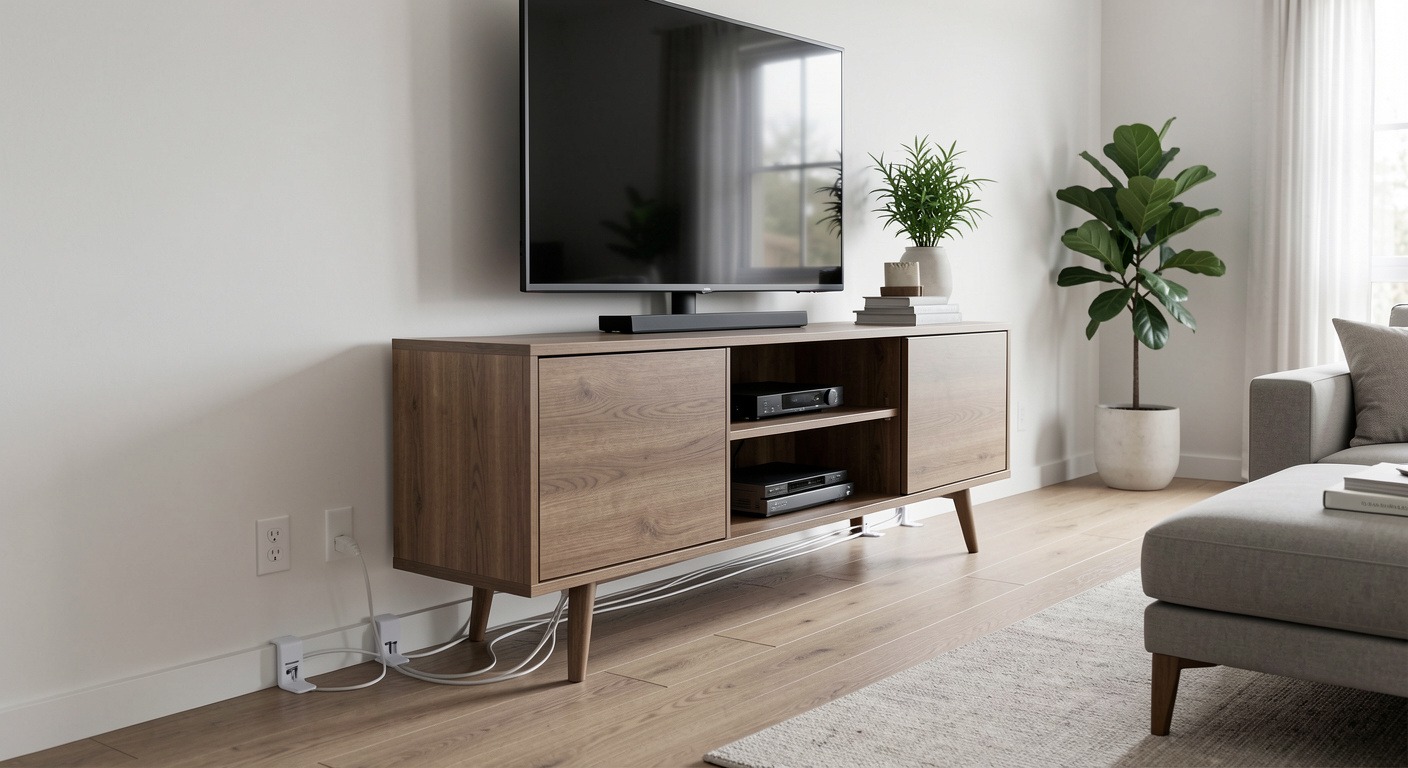 Cord management solution: plastic cord protectors and concealers running along baseboard in neat modern living room