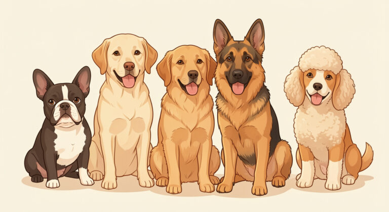 Various popular dog breeds including French Bulldog, Labrador, Golden Retriever, German Shepherd, Poodle, and Beagle — warm illustration for dog breed guide