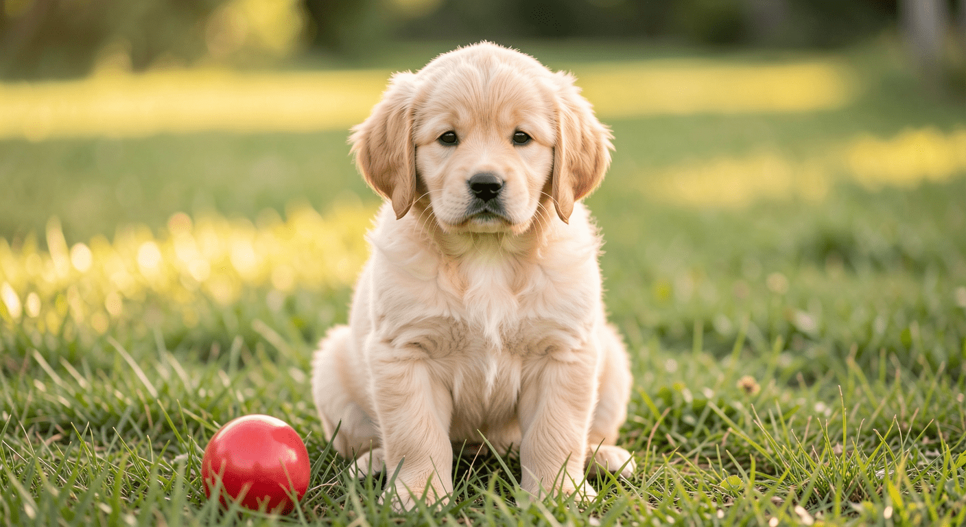 Golden Retriever Breed Guide: Temperament, Health, and Complete Care 2 Adorable Golden Retriever puppy sitting in green grass with red ball, golden coat shining in sunlight